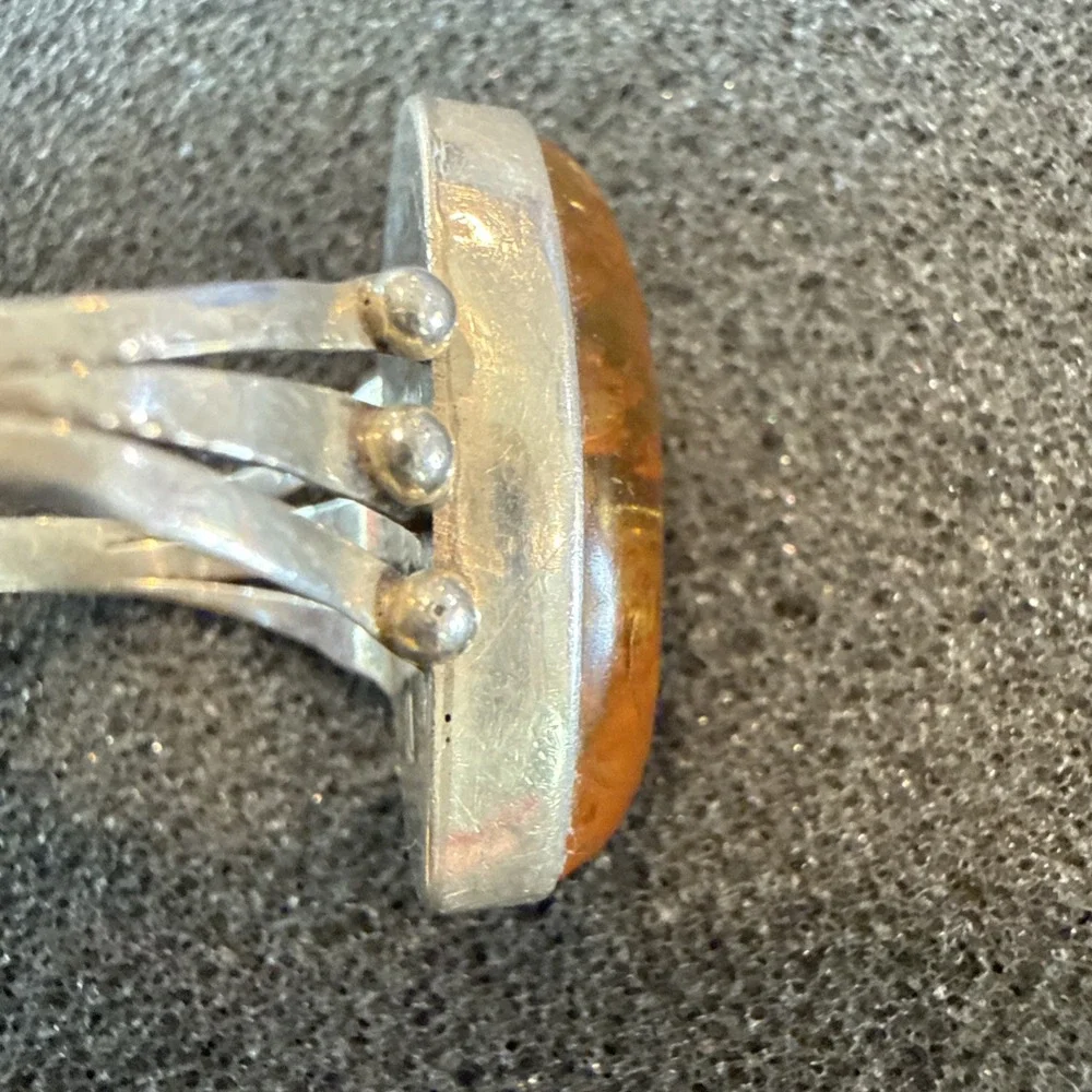 Vintage Navajo Sterling Silver Baltic Amber Ring John Delvin Signed Split Shank